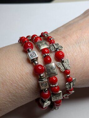 Red Stone & Silver Accent Bracelet Set